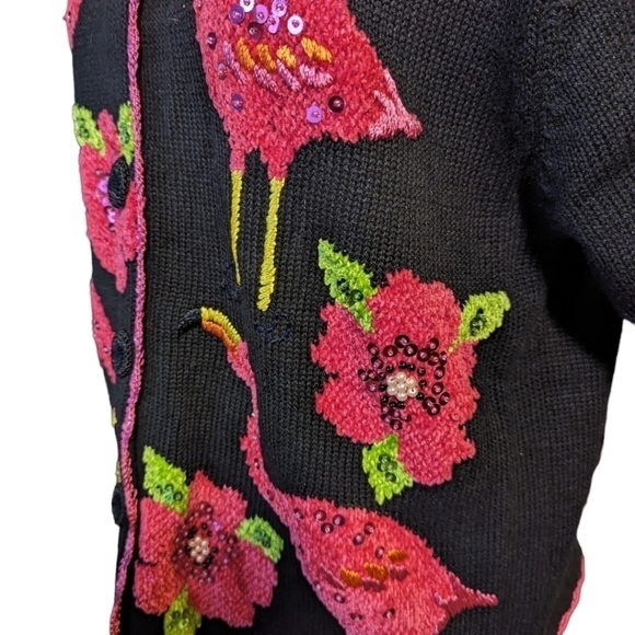 Vtg. Pink flamingos Cardigan flowers beaded/sequined Black knit short sleeve  XL - Picture 3 of 12